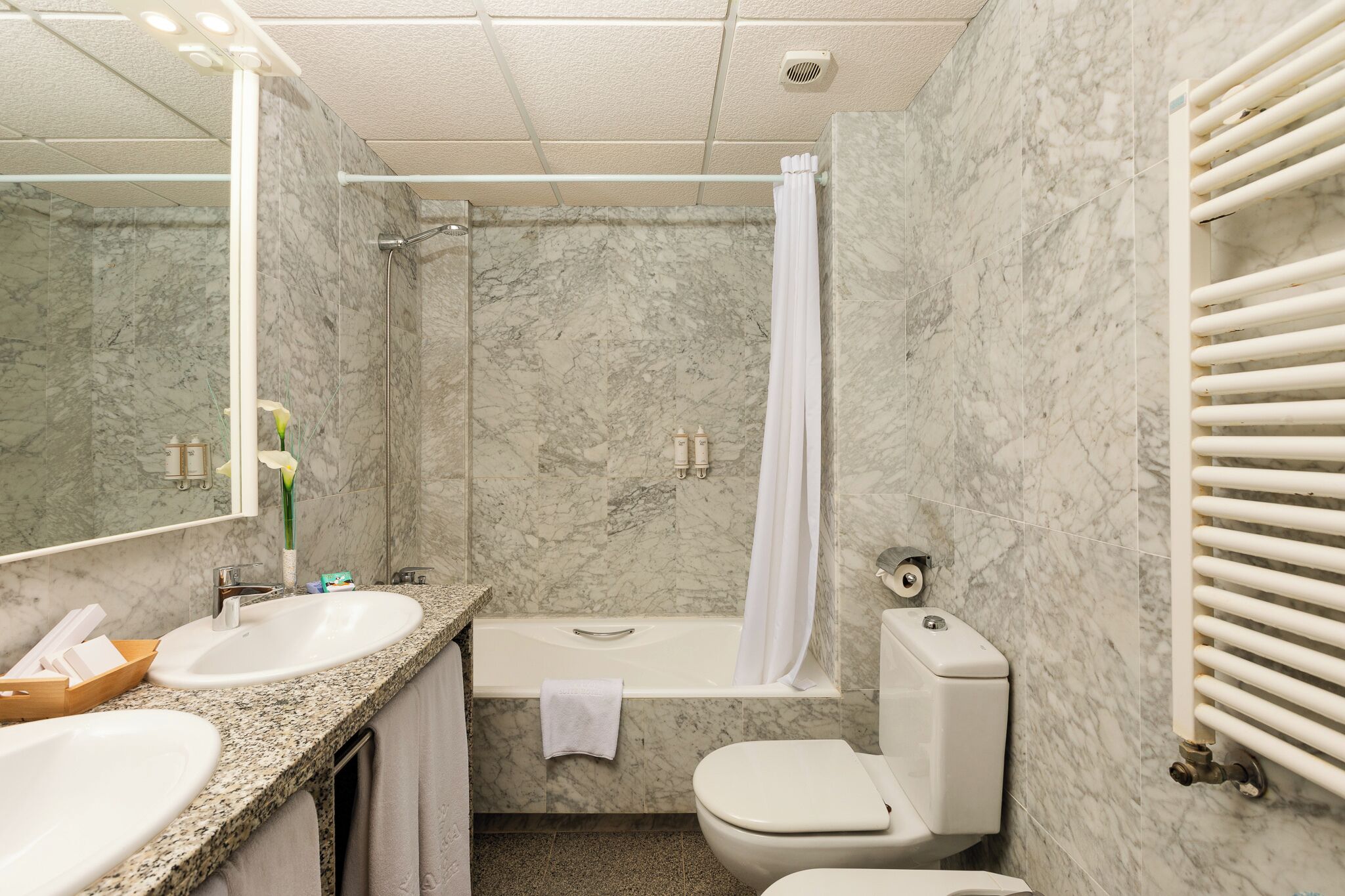 A bathroom with two sinks, a bathtub, a toilet, and a shower.