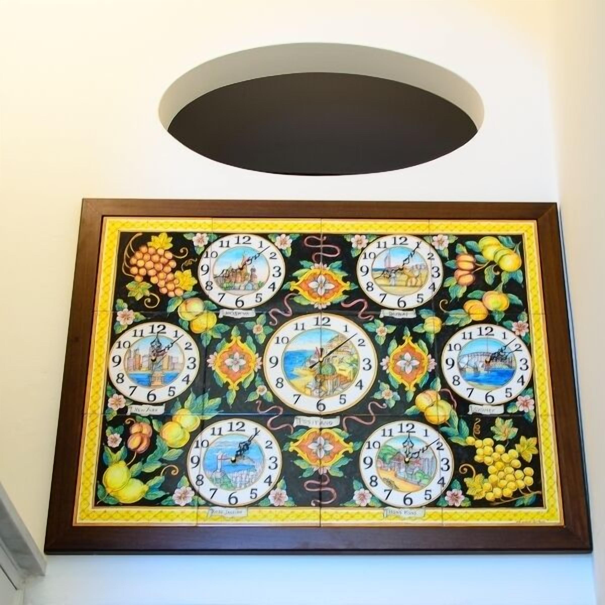A wall-mounted clock with multiple faces, each depicting different scenes and surrounded by decorative elements.