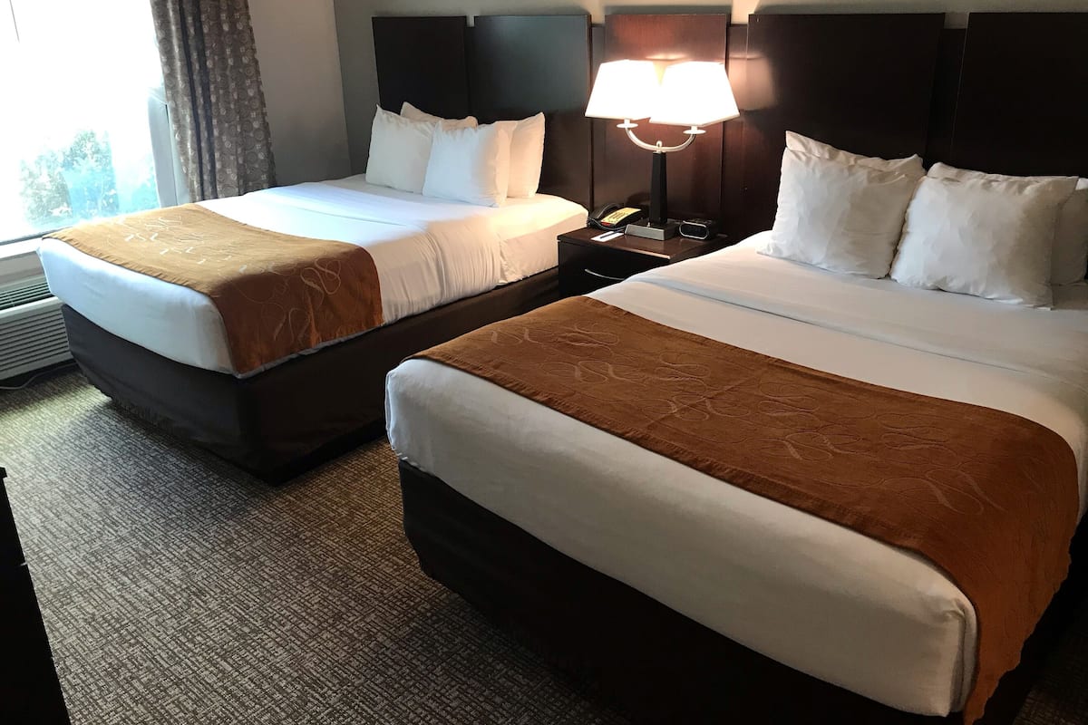 A hotel room with two beds, each with white linens and brown headboards. There is a nightstand with a lamp between the beds.