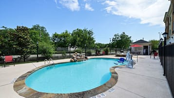 Seasonal outdoor pool, pool umbrellas, pool loungers