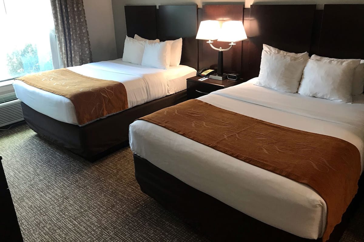 Hypo-allergenic bedding, desk, laptop workspace, blackout drapes