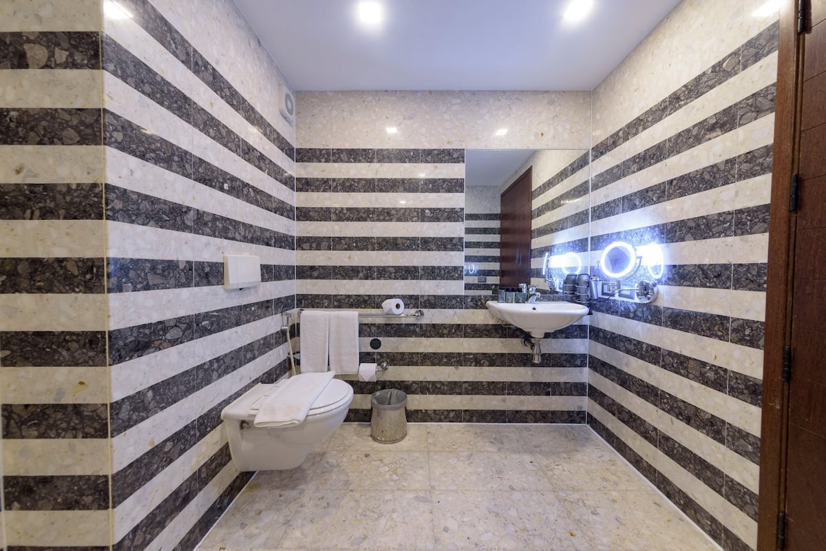 Chambre, 2 lits jumeaux, accessible aux personnes à mobilité réduite | Salle de bain adaptée