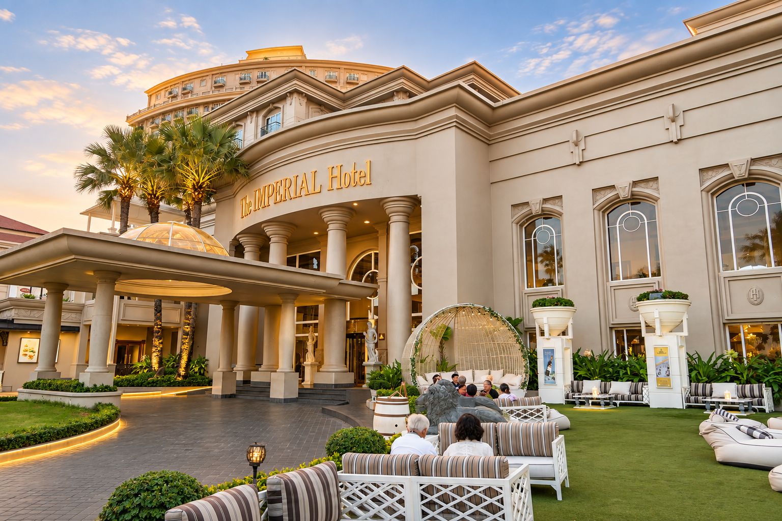 Une grande entrée d’hôtel avec une allée couverte, des palmiers et des espaces de détente en plein air.