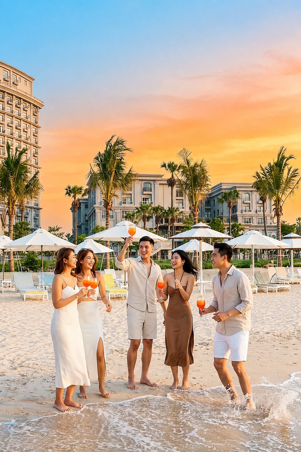 Un grupo de personas en la playa, con sombrillas y palmeras al fondo.