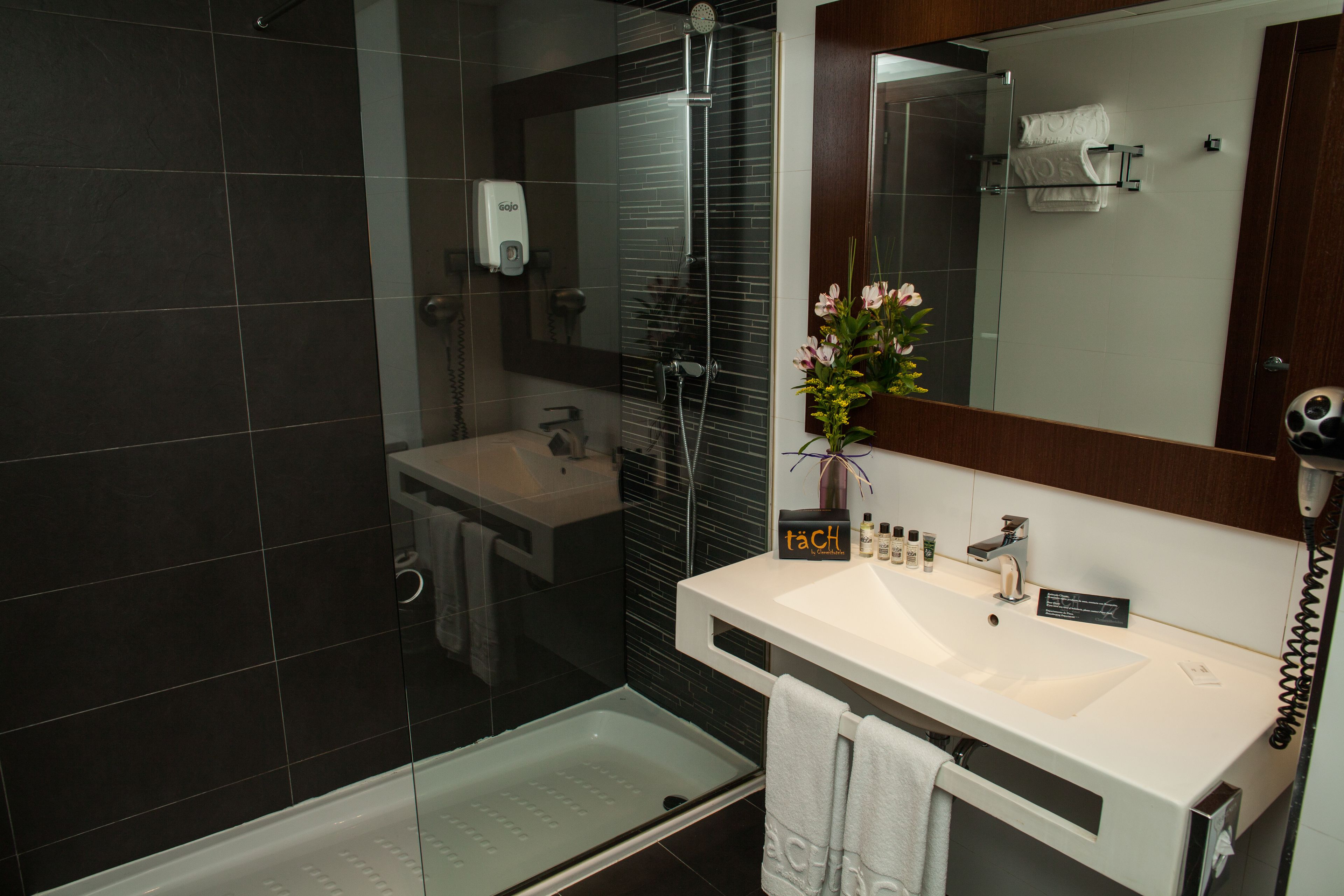 A modern bathroom with a glass shower enclosure, a white sink, and a large mirror.