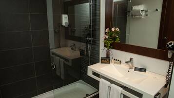 A modern bathroom with a glass shower enclosure, a white sink, and a large mirror.