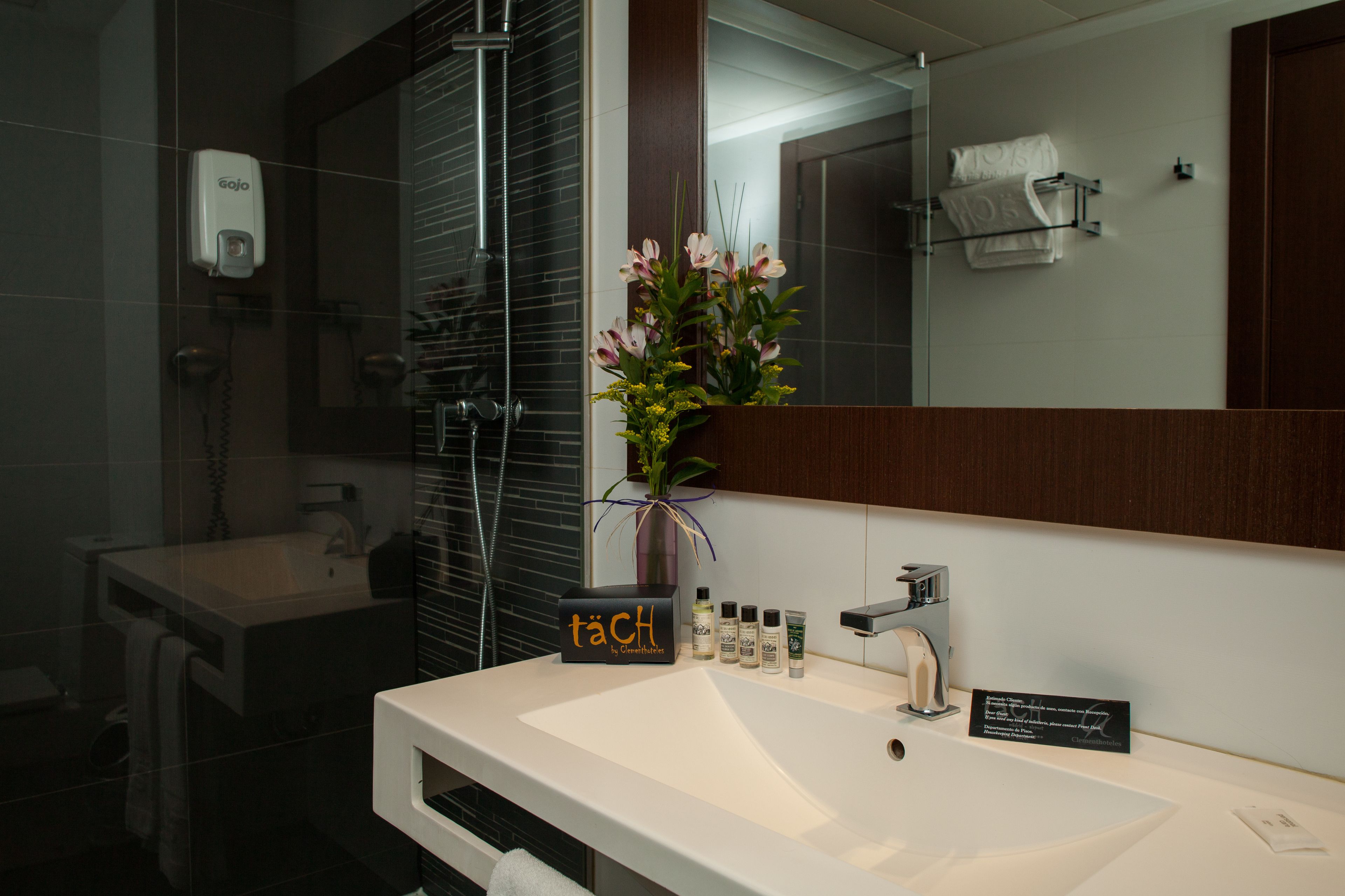 shower, designer toiletries, hair dryer, slippers