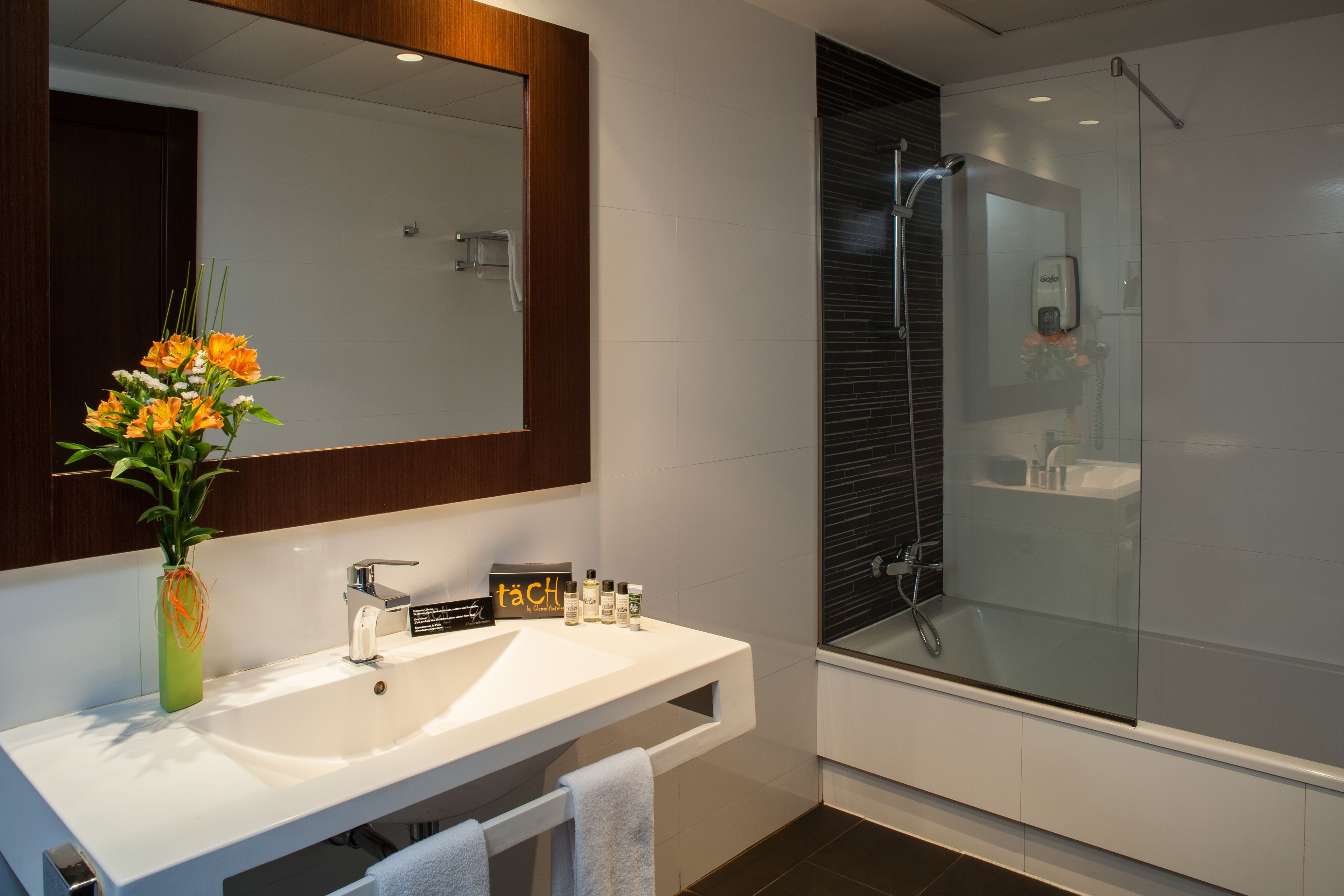 shower, designer toiletries, hair dryer, slippers