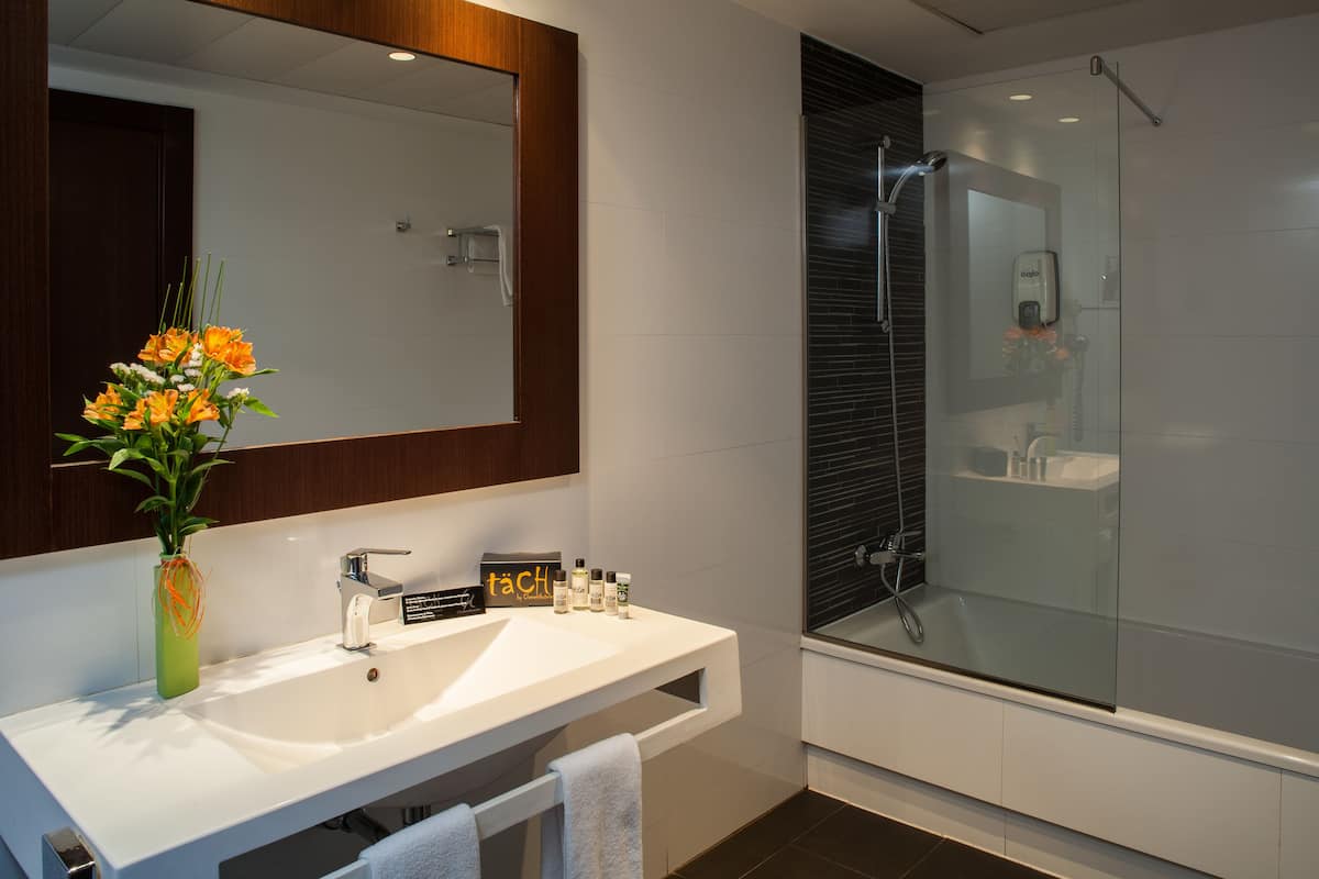 shower, designer toiletries, hair dryer, slippers