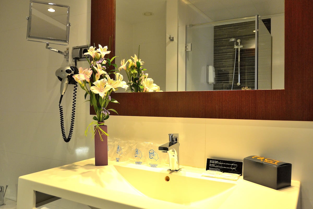 shower, designer toiletries, hair dryer, slippers