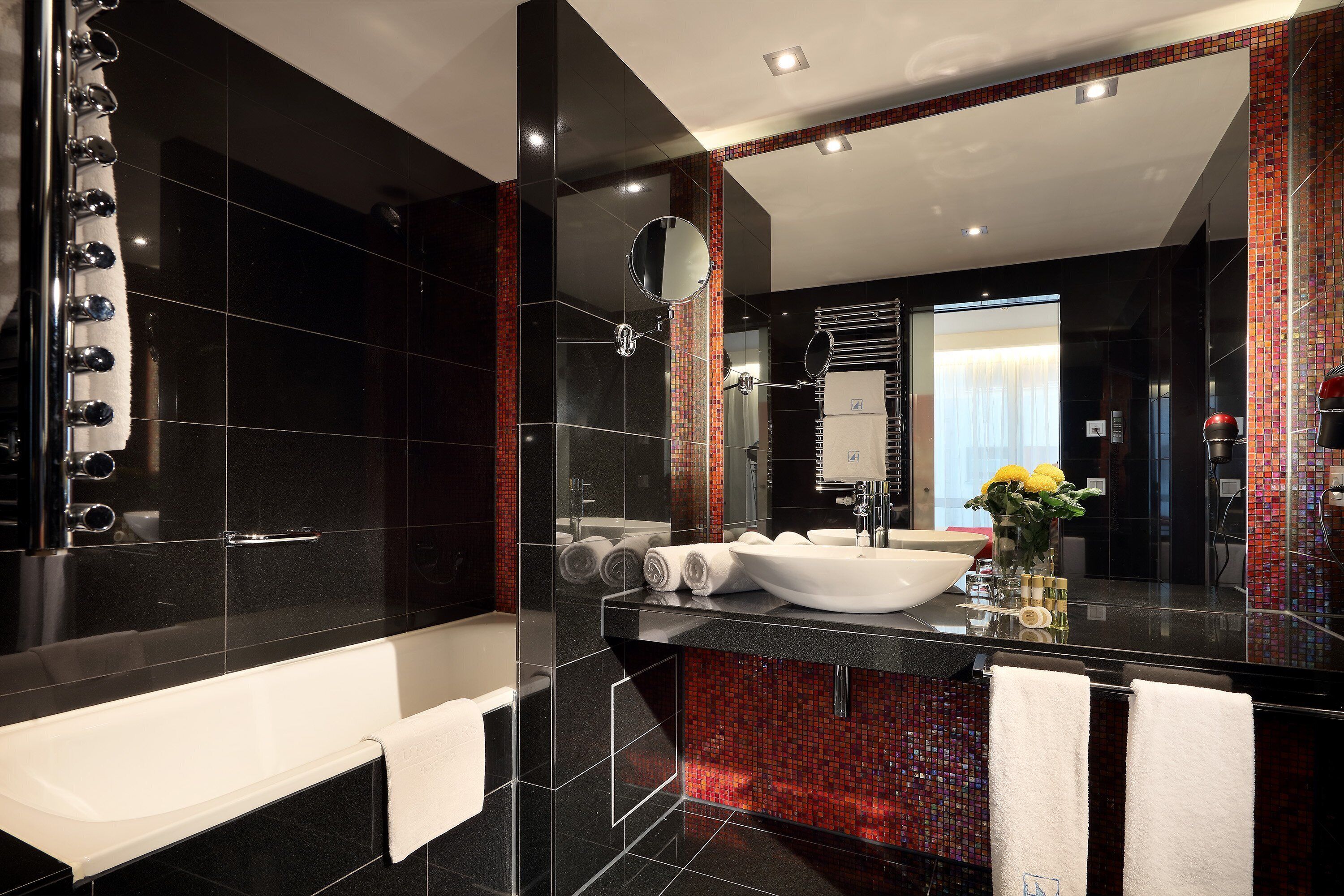 shower, eco-friendly toiletries, hair dryer, towels