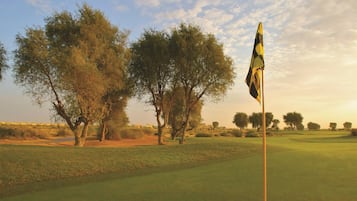 A golf course with a flag on a flagstick, surrounded by trees and a clear sky.