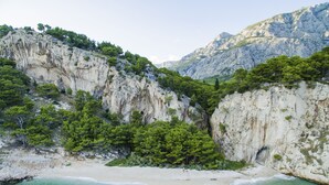 A coastal landscape with a beach, rocky cliffs, and dense greenery. - Bluesun Holiday Village Afrodita (Tucepi)