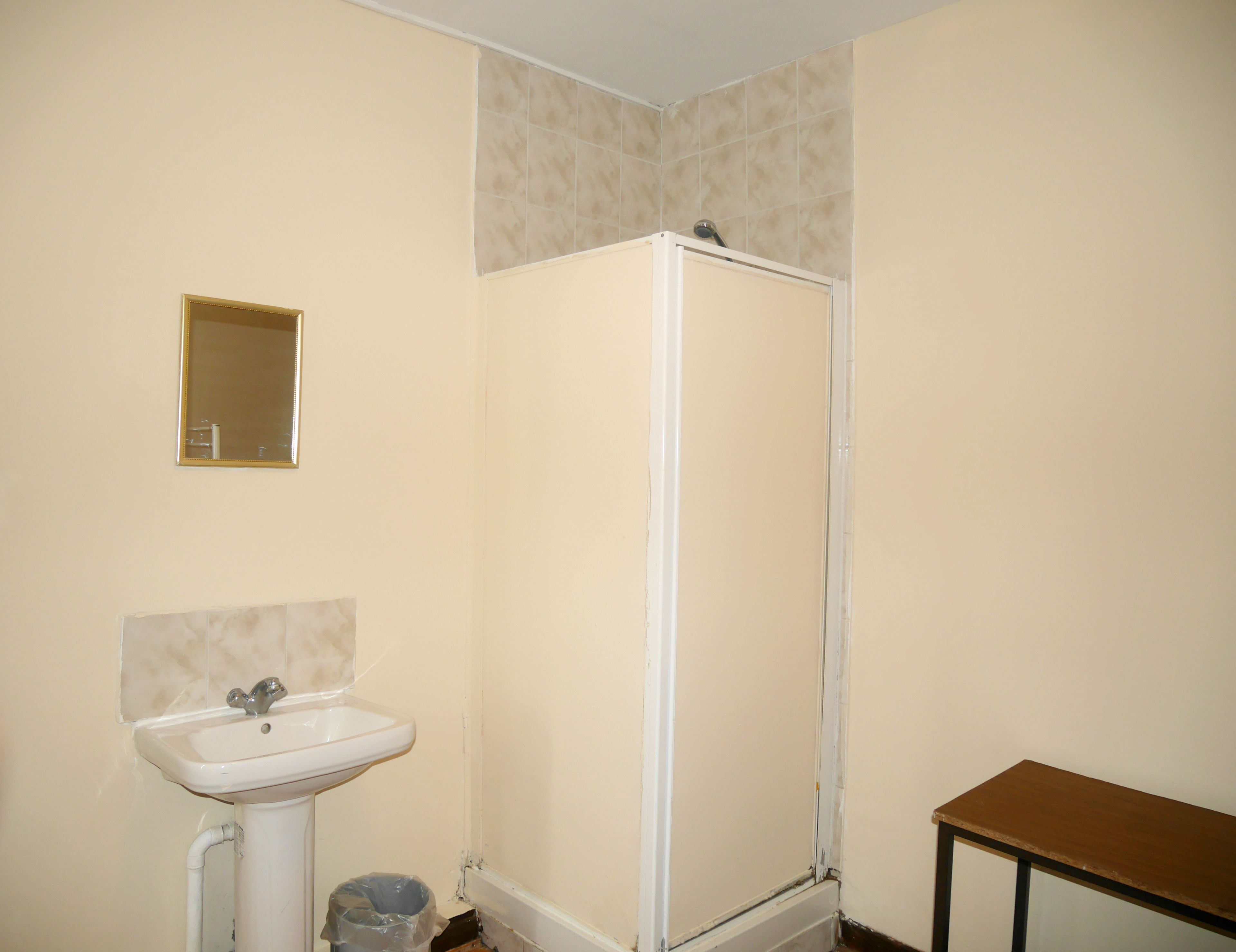 A bathroom with a white sink, a mirror, and a shower enclosure.