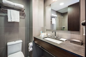 A modern bathroom with a toilet, sink, and mirror.
