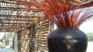 A dark vase with red feathers on a table in a covered outdoor area with a stone wall. - Hawane Resort (Motshane)