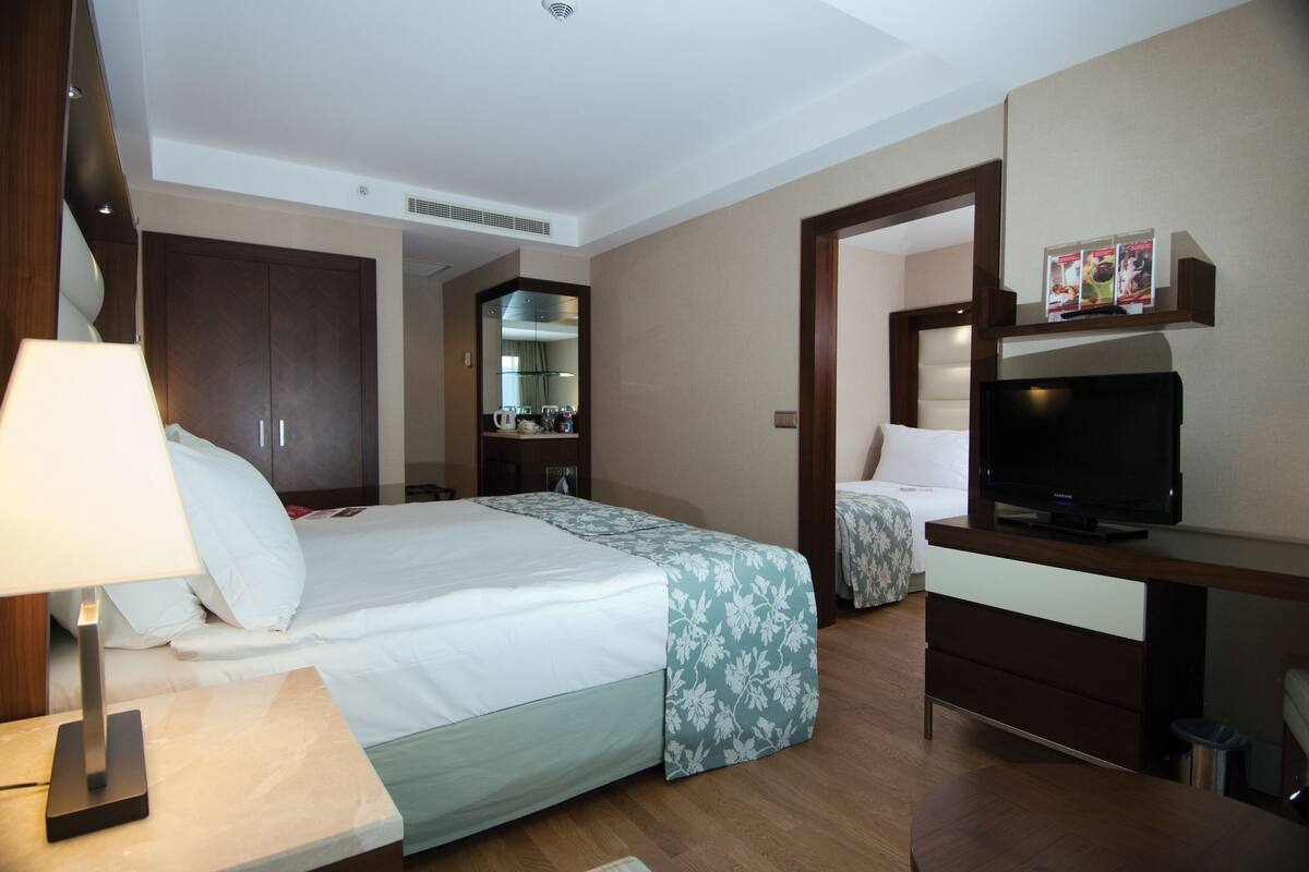 Une chambre d’hôtel comprenant un lit, un bureau avec une télévision, une lampe, une armoire et un miroir.
