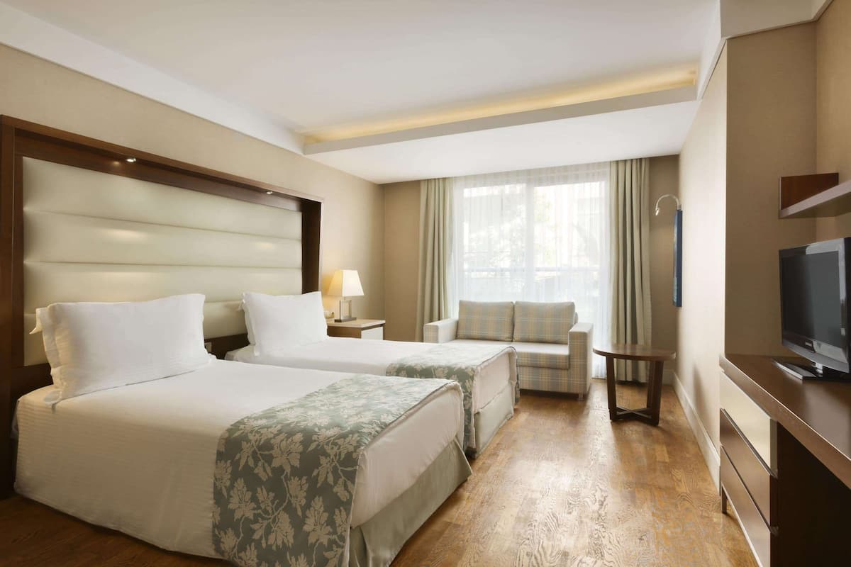 Une chambre d’hôtel avec deux lits, un canapé, une télévision et une petite table.