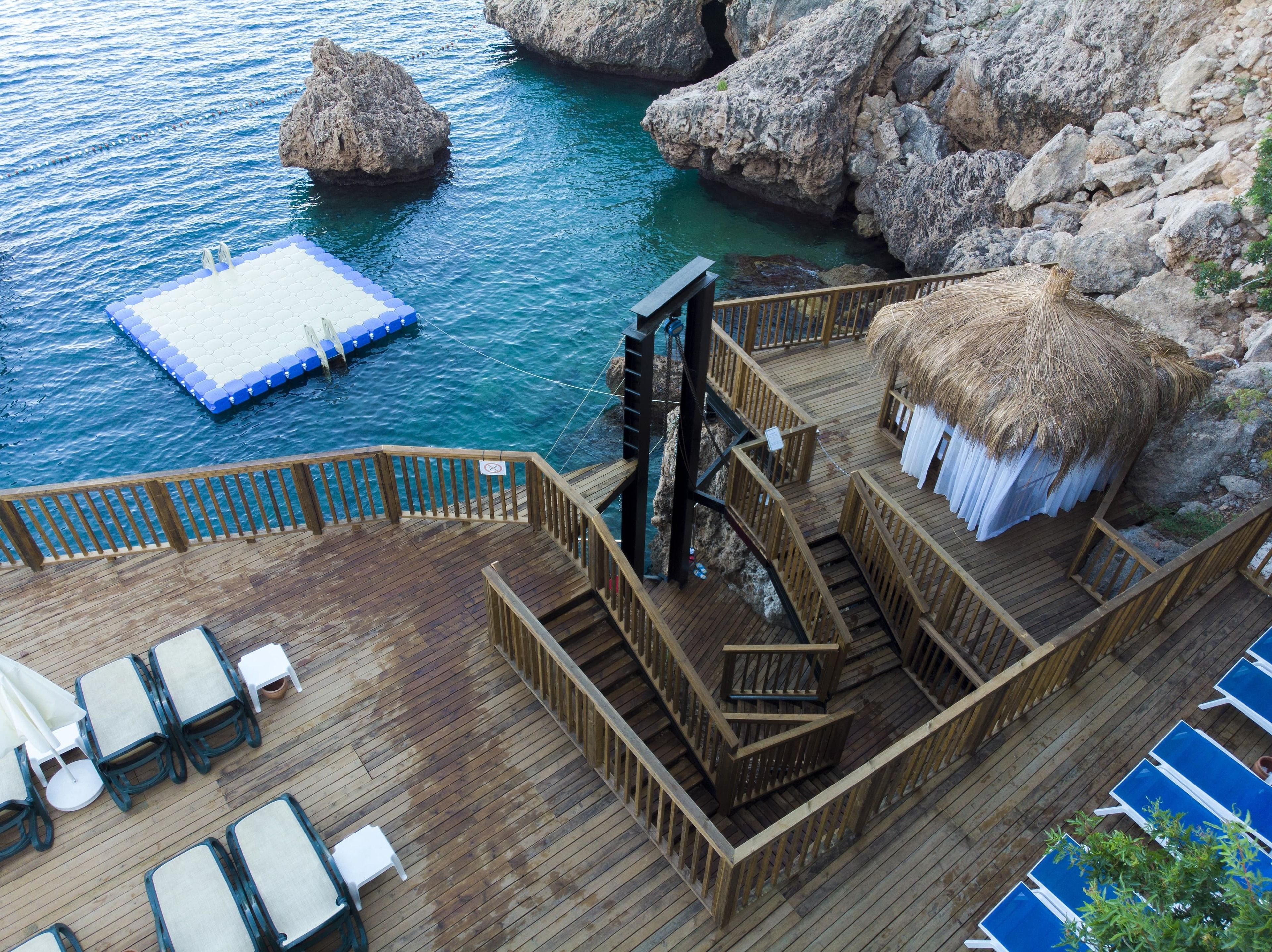 On the beach, sun loungers, beach umbrellas, beach towels