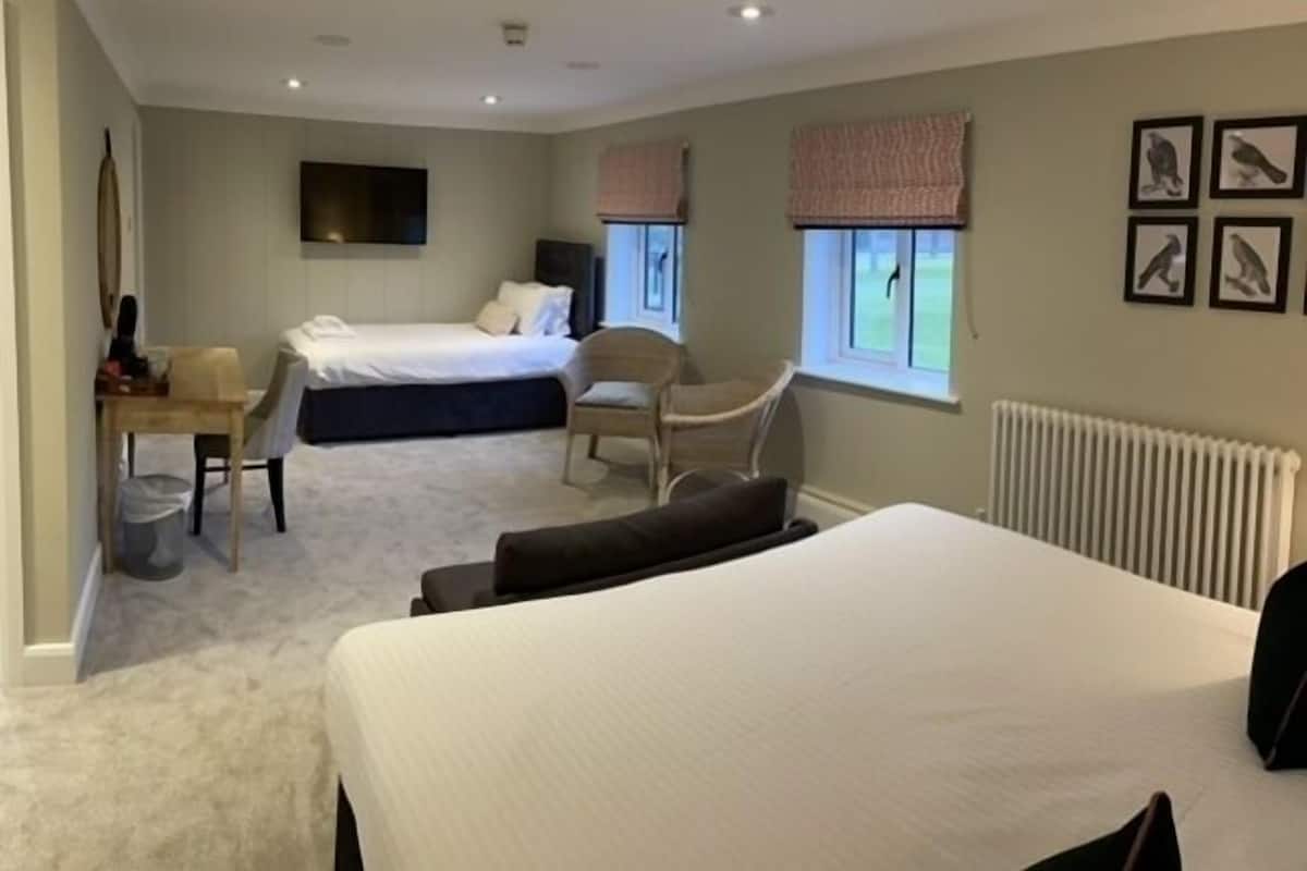 Habitación de hotel con una cama grande, una cama más pequeña, un escritorio, una silla y un radiador.