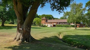 Stunning golf course with a mature tree and a classic clubhouse in the background.