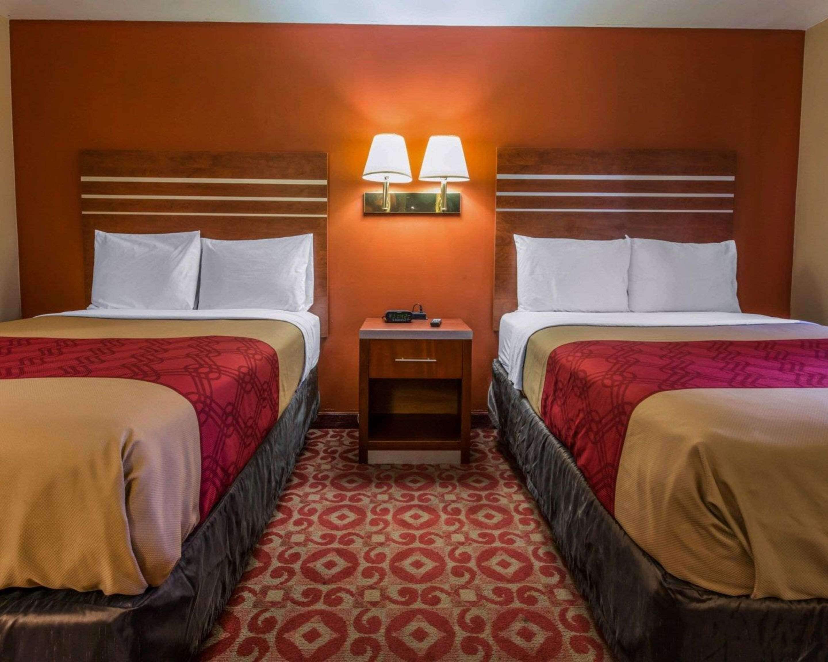Une chambre d’hôtel avec deux lits, une table de chevet avec des lampes et une moquette à motifs.