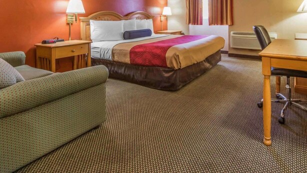 Une chambre d’hôtel comprenant un lit, deux tables de chevet avec des lampes, un bureau avec une chaise, un canapé et une fenêtre avec des rideaux.