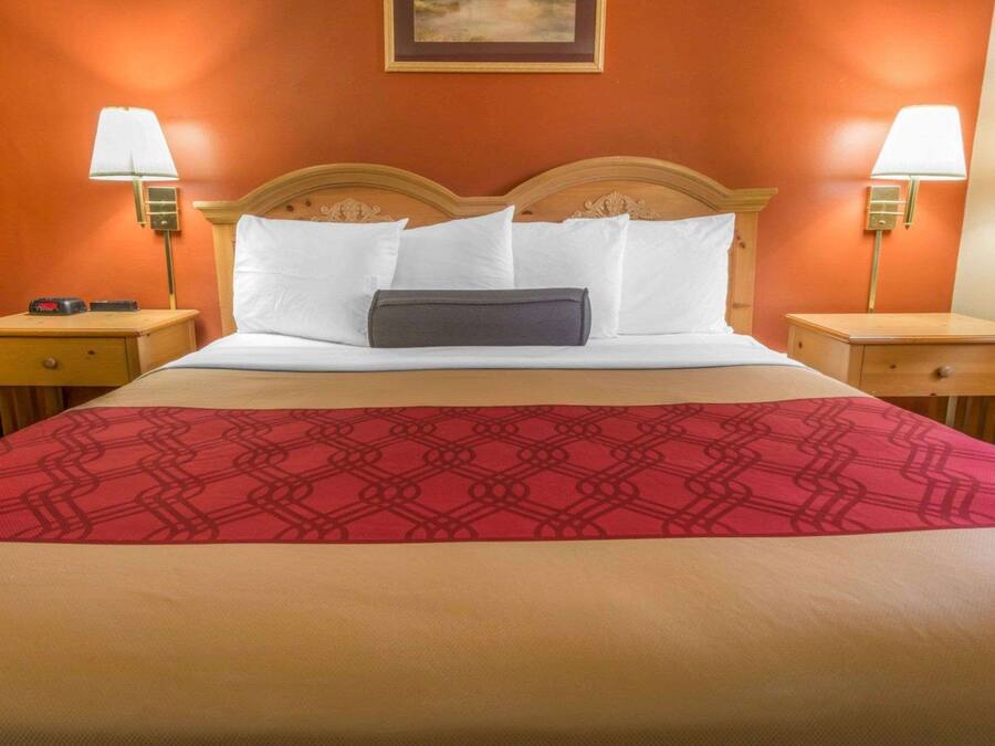 Habitación de hotel con cabecera de madera, ropa de cama blanca, colcha roja estampada y dos lámparas de noche.