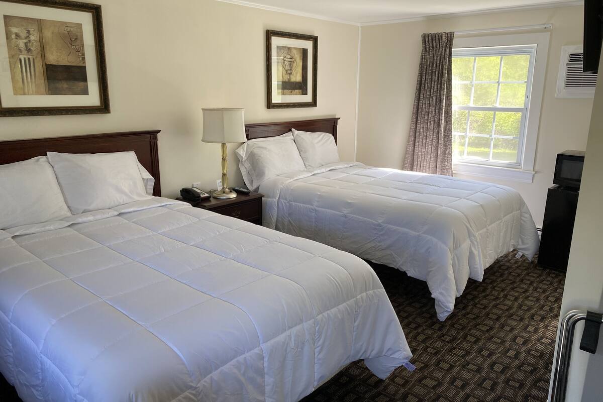 A hotel room with two beds, a nightstand with a lamp, a television, and framed artwork on the wall.