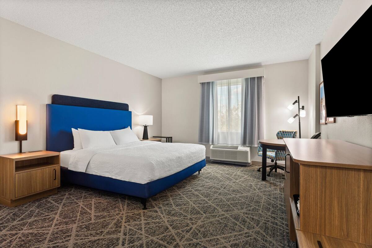 A hotel room with a large bed, a desk, a chair, a TV, a lamp, and a window with curtains.