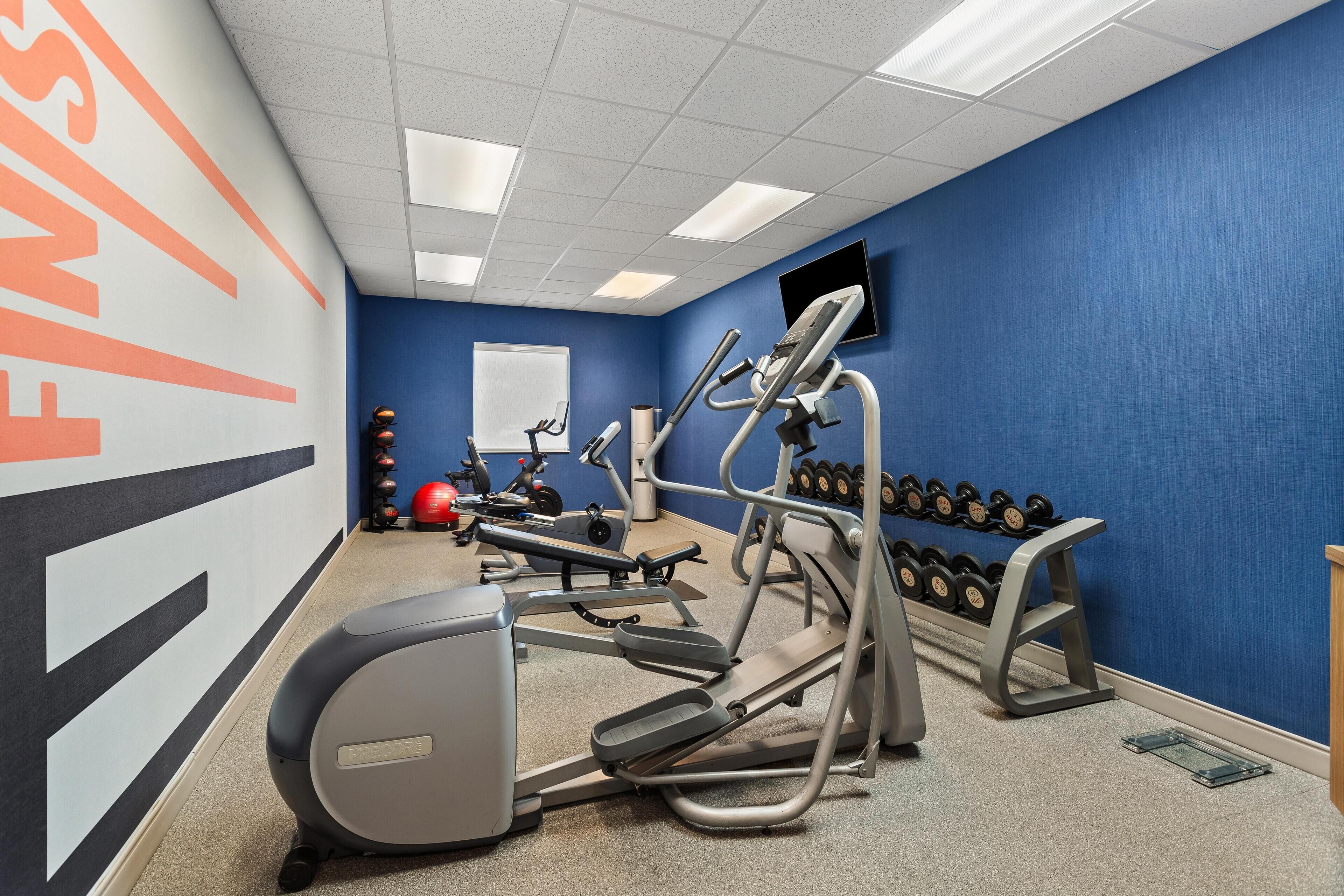 A gym with treadmills, elliptical machines, and dumbbells.