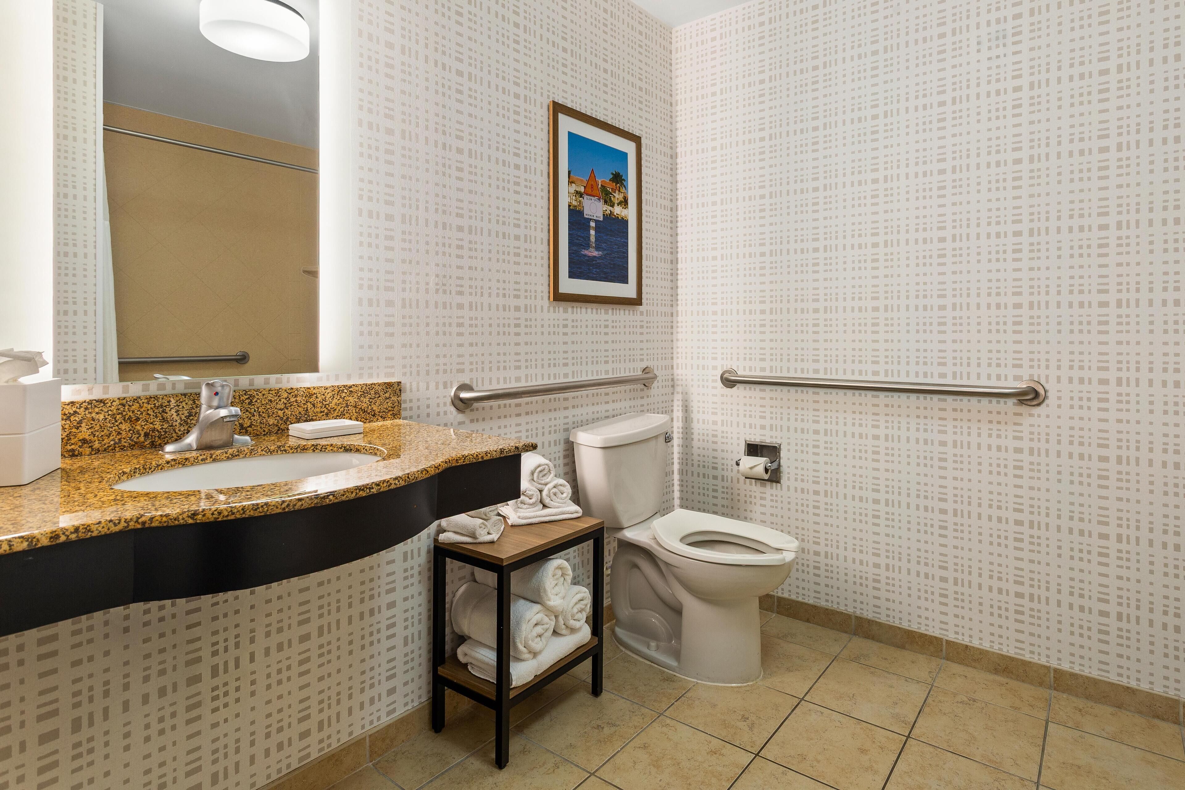 A bathroom with a sink, toilet, and handrails.