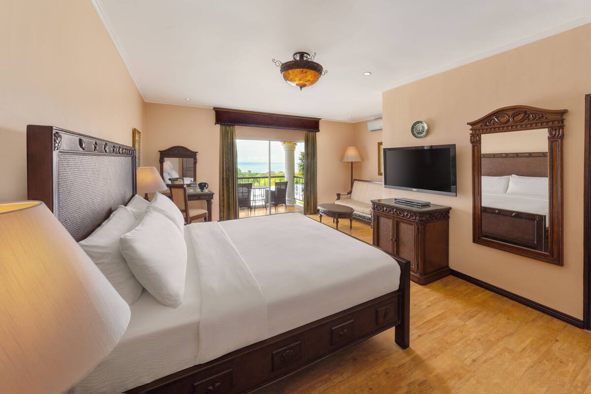 Habitación de hotel con una cama grande, televisión, escritorio y balcón con vistas.