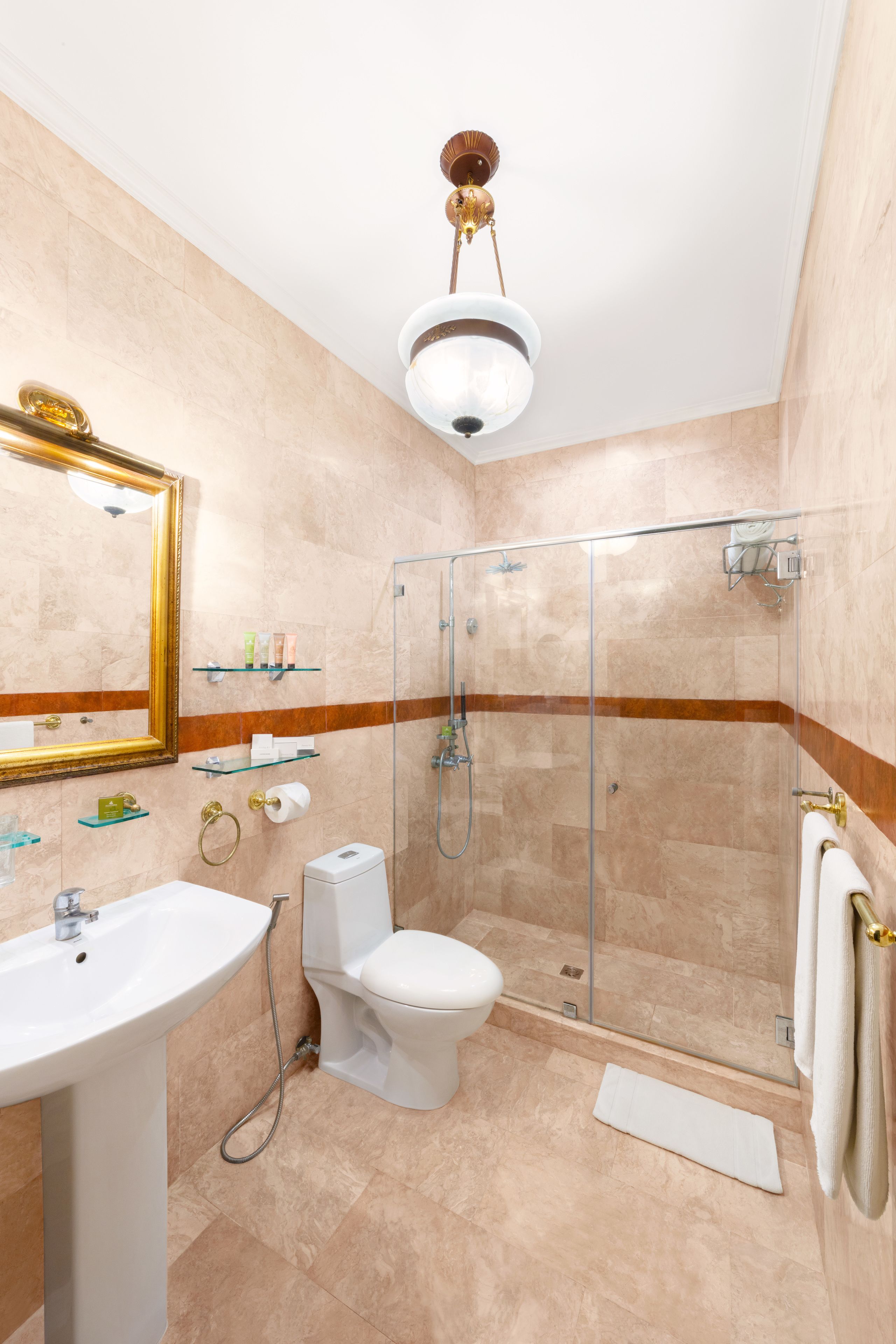 shower, designer toiletries, hair dryer, bathrobes