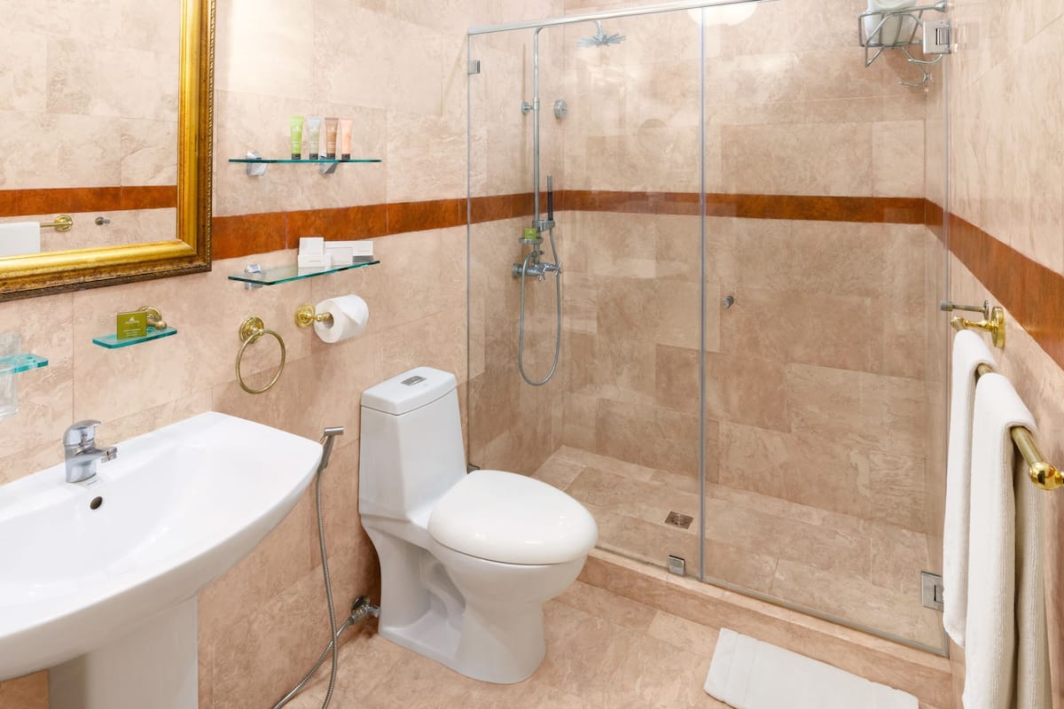 Shower, designer toiletries, hair dryer, bathrobes