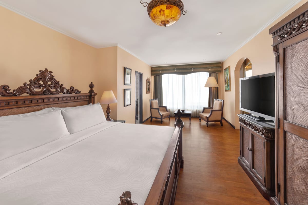 Una habitación de hotel con una cama grande, televisión, escritorio y una silla.