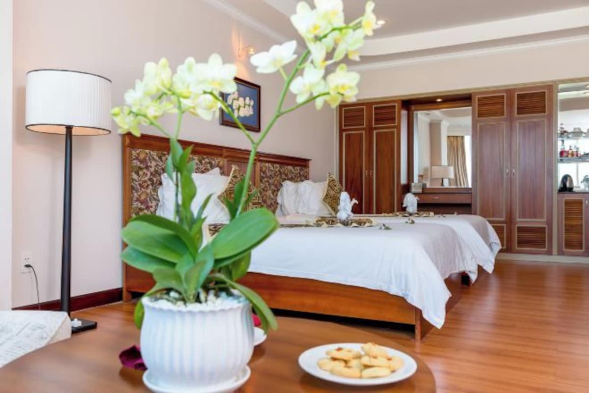 Quarto de hotel com cama, mesa de cabeceira com um prato de biscoitos, abajur e planta em vaso.