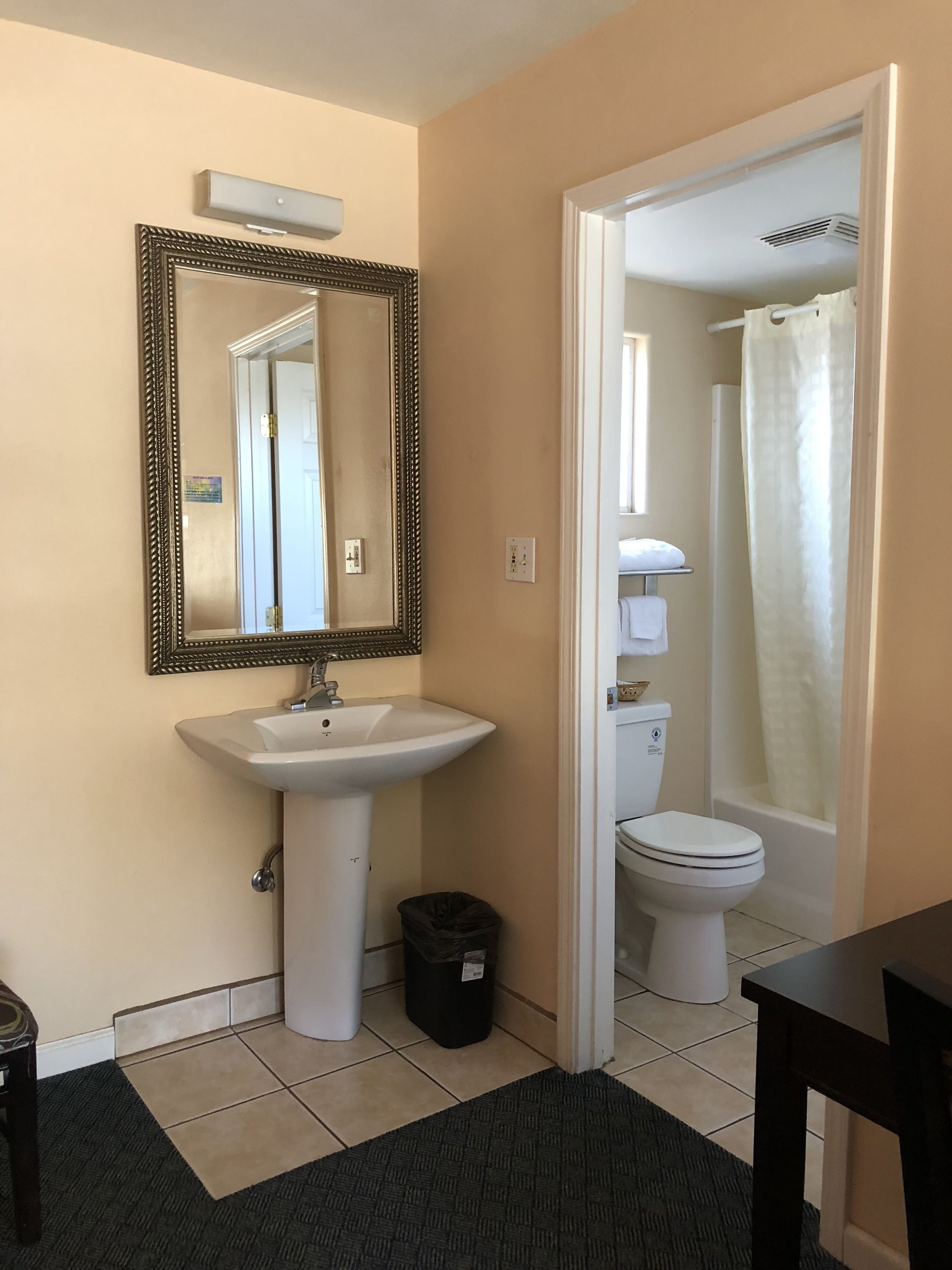 A bathroom with a sink, mirror, toilet, and shower curtain.