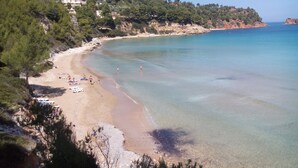 A coastal beach with clear waters, a sandy shore, and a forested hillside. - Ikion Eco Boutique Hotel (Alonissos)