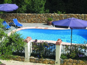 Seasonal outdoor pool, pool umbrellas, pool loungers