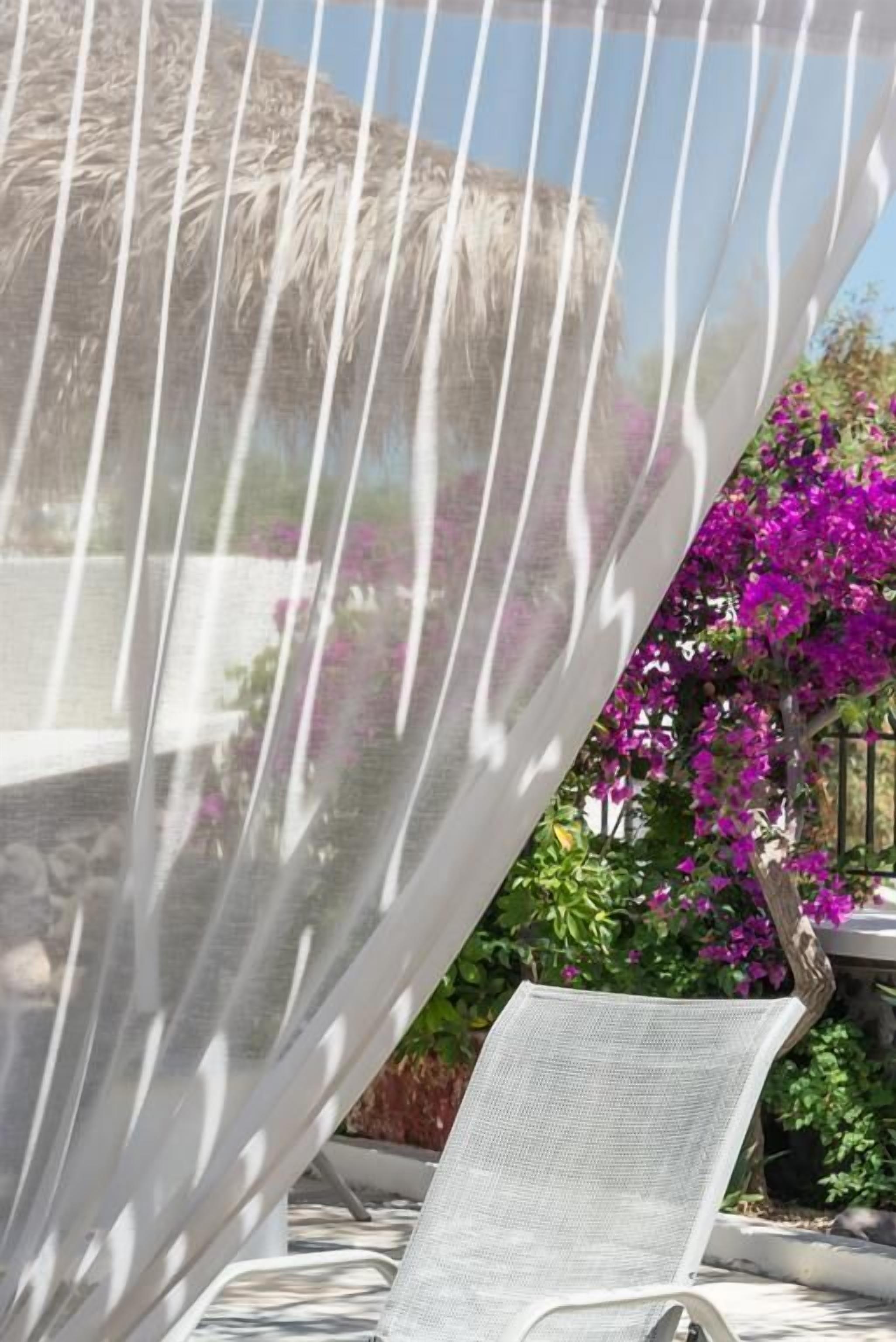 A white mesh umbrella over a chair, a thatched roof structure, and purple bougainvillea flowers in the background.