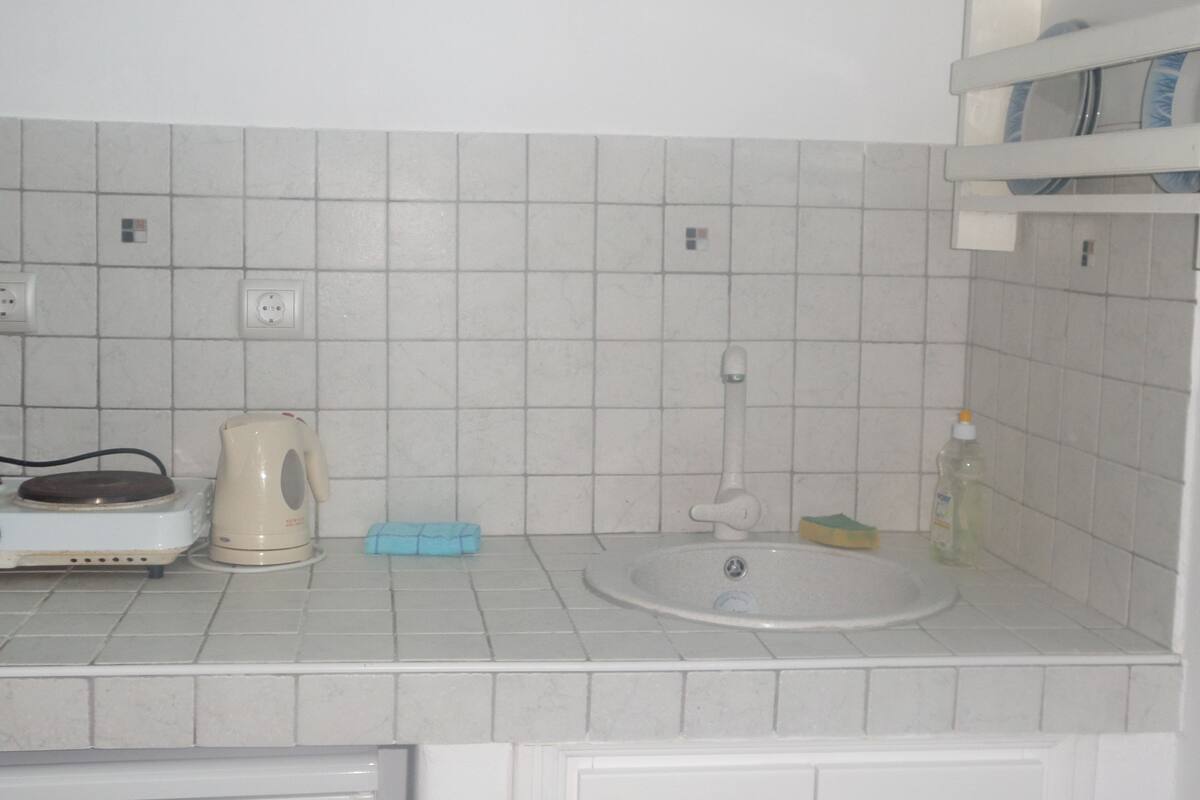 A kitchen with a sink, a kettle, a blue sponge, and a bottle of dish soap.