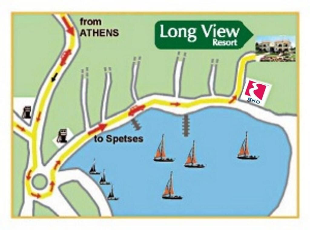 A map of a coastal area with a marked route from Athens to Spetses, passing by Long View Resort.