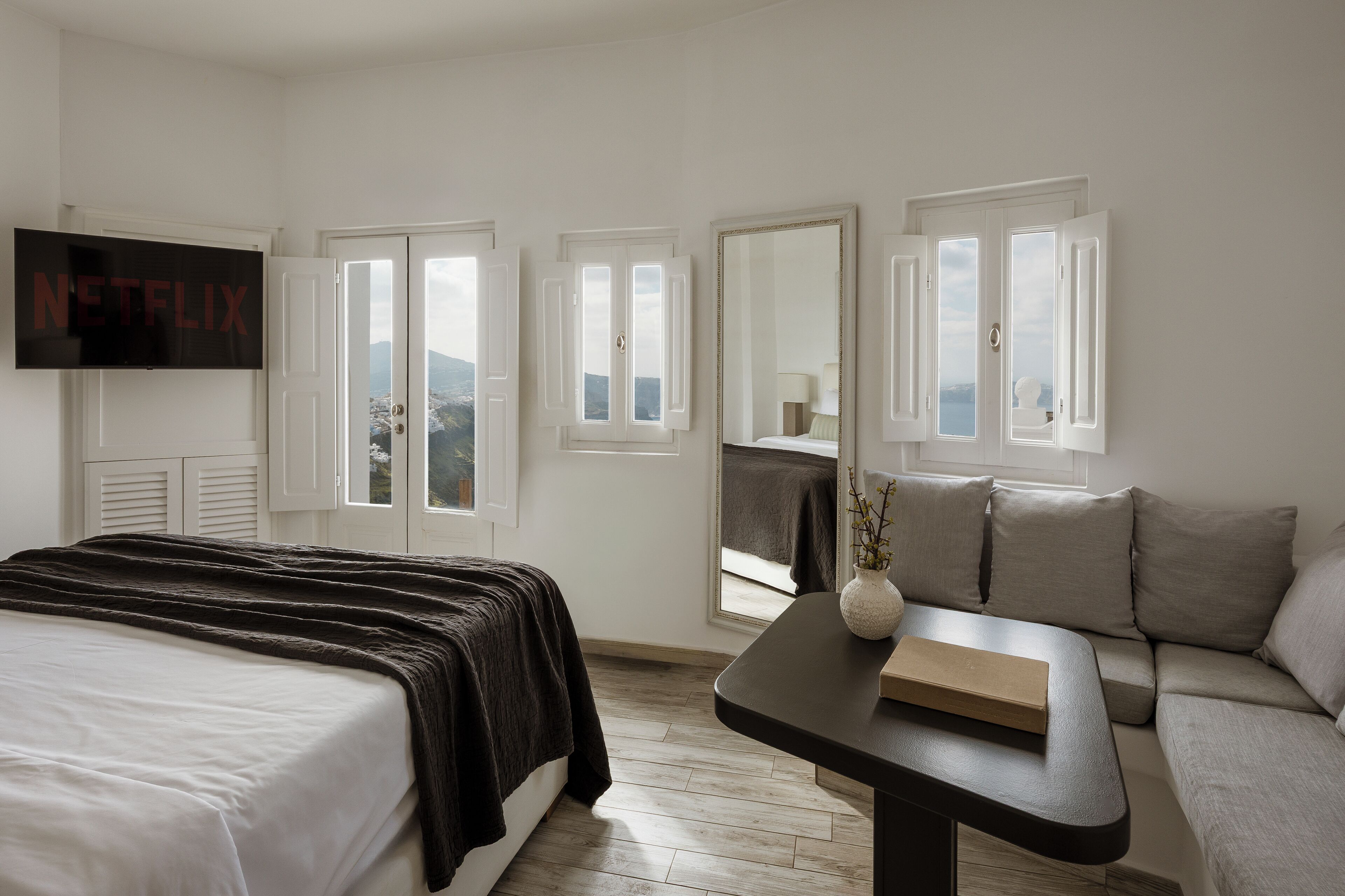 Quarto casal, vista para o mar (Love Birds, Panoramic Caldera View) | Roupas de cama de algodão egípcio, roupas de cama premium