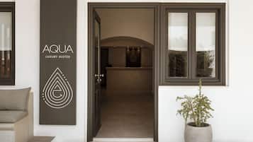 Entrada de un hotel con mostrador de recepción, una planta en maceta y un letrero que dice 'AQUA Luxury Suites'.