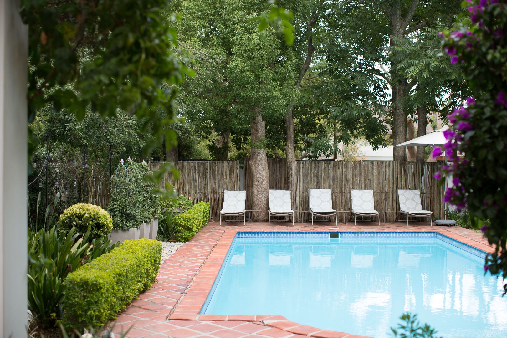 A rectangular pool with a tiled edge, surrounded by a wooden fence and a row of white lounge chairs.