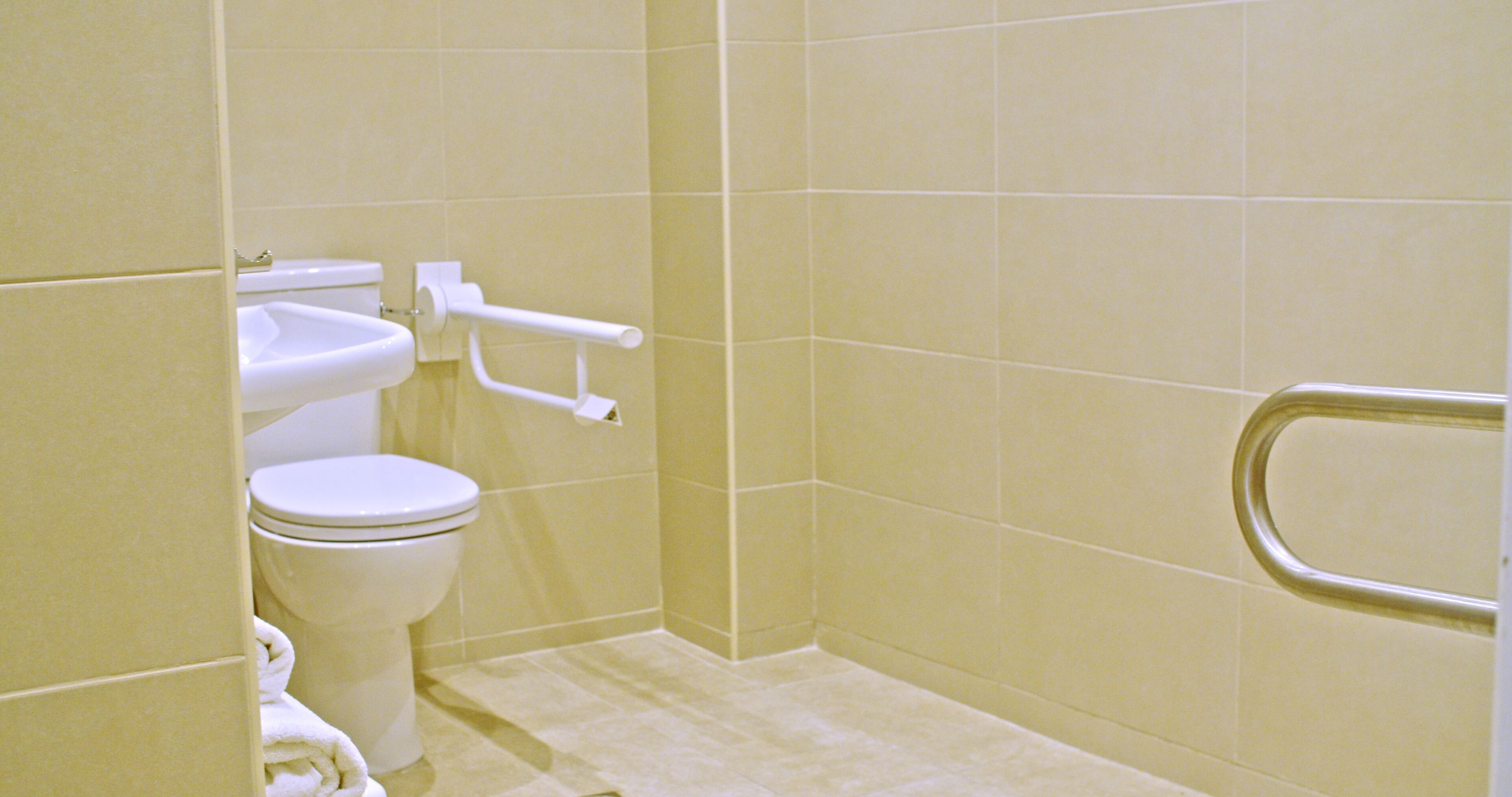 A small, clean bathroom with a toilet, sink, and grab bar.