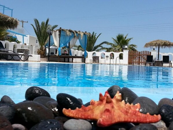 A pool area with a clear blue pool, white walls, and palm trees. - Villa Livadaros (Santorini)