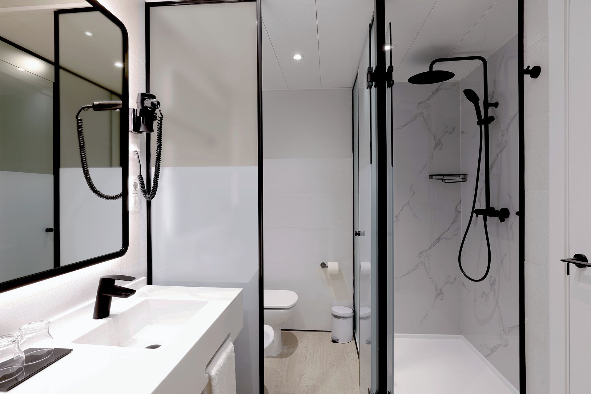 hair dryer, towels, soap, shampoo