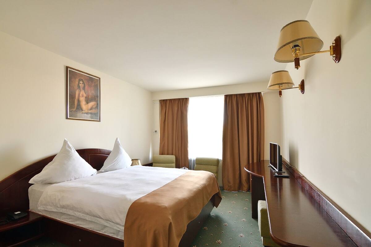 A hotel room with a bed, a desk, a chair, a TV, and a painting on the wall.